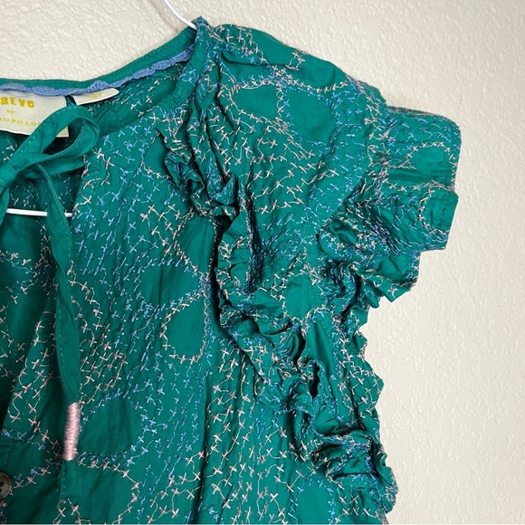 Anthropologie Maeve Ruffled Button Down Green Blouse with Embroidery Size XS - Picture 3 of 16